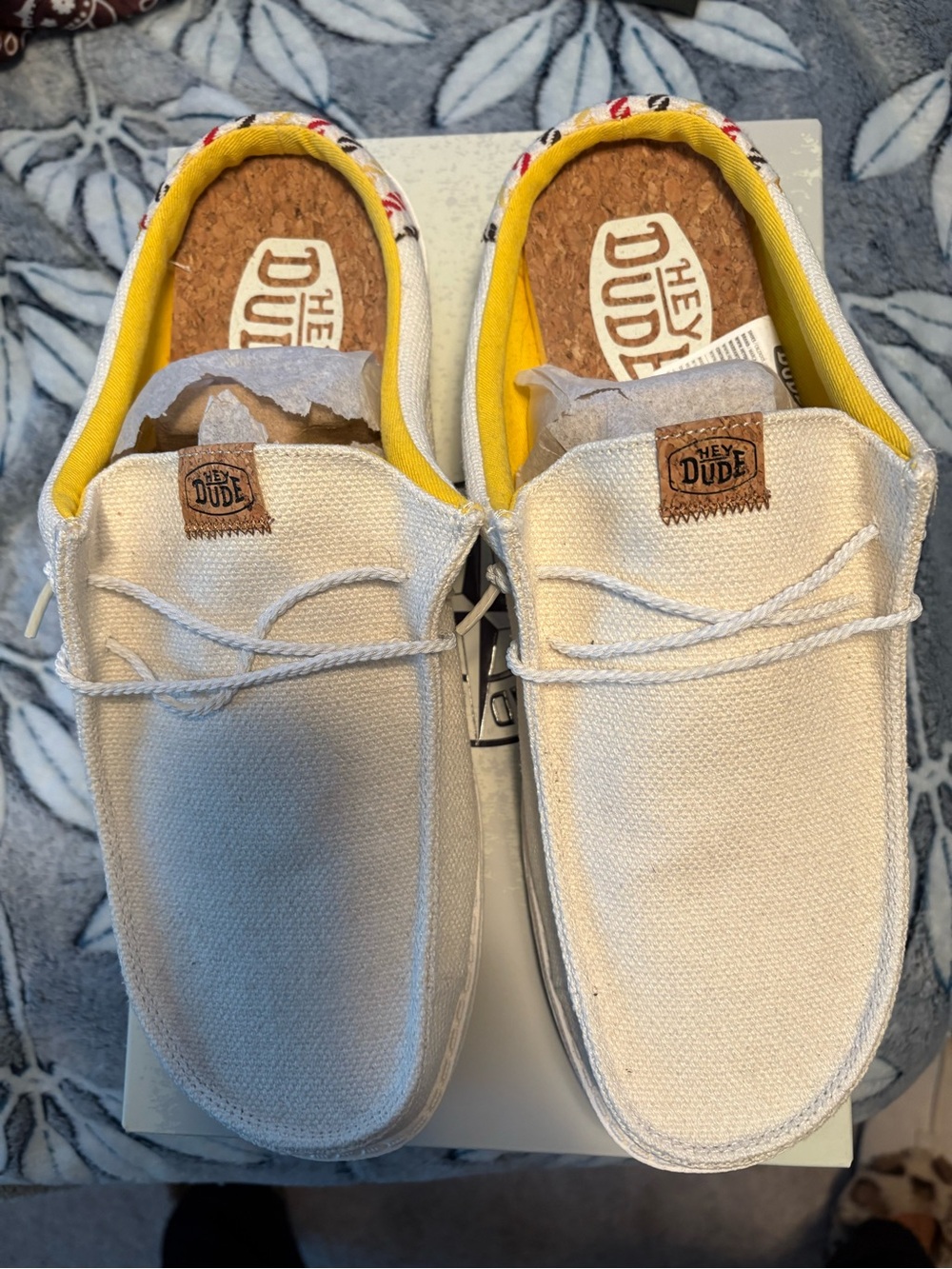 Hey Dude Off-White Canvas Slip-On Sneakers with Yellow Lining